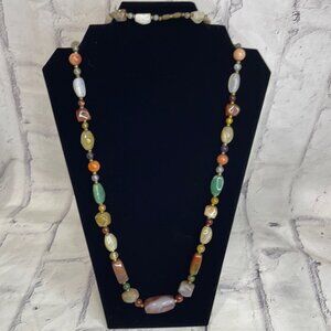 Vintage Multi-Colored Polished Agate Stone Beaded Necklace with Bronze Beads 17"
